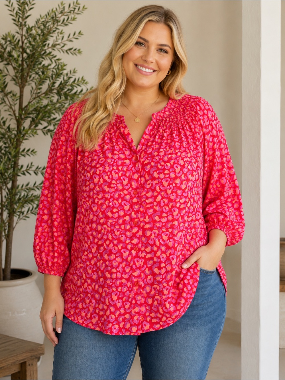 Tucker NYC XL Silk Blend Pink Red Leopard Print Peasant Blouse Boho Mint Cond